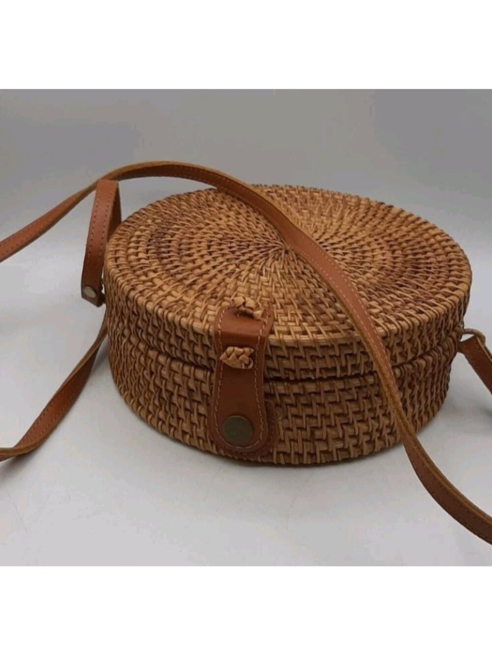 Round Rattan Purse Bag Handwoven Leather Accents Women's Shoulder Bag Lined